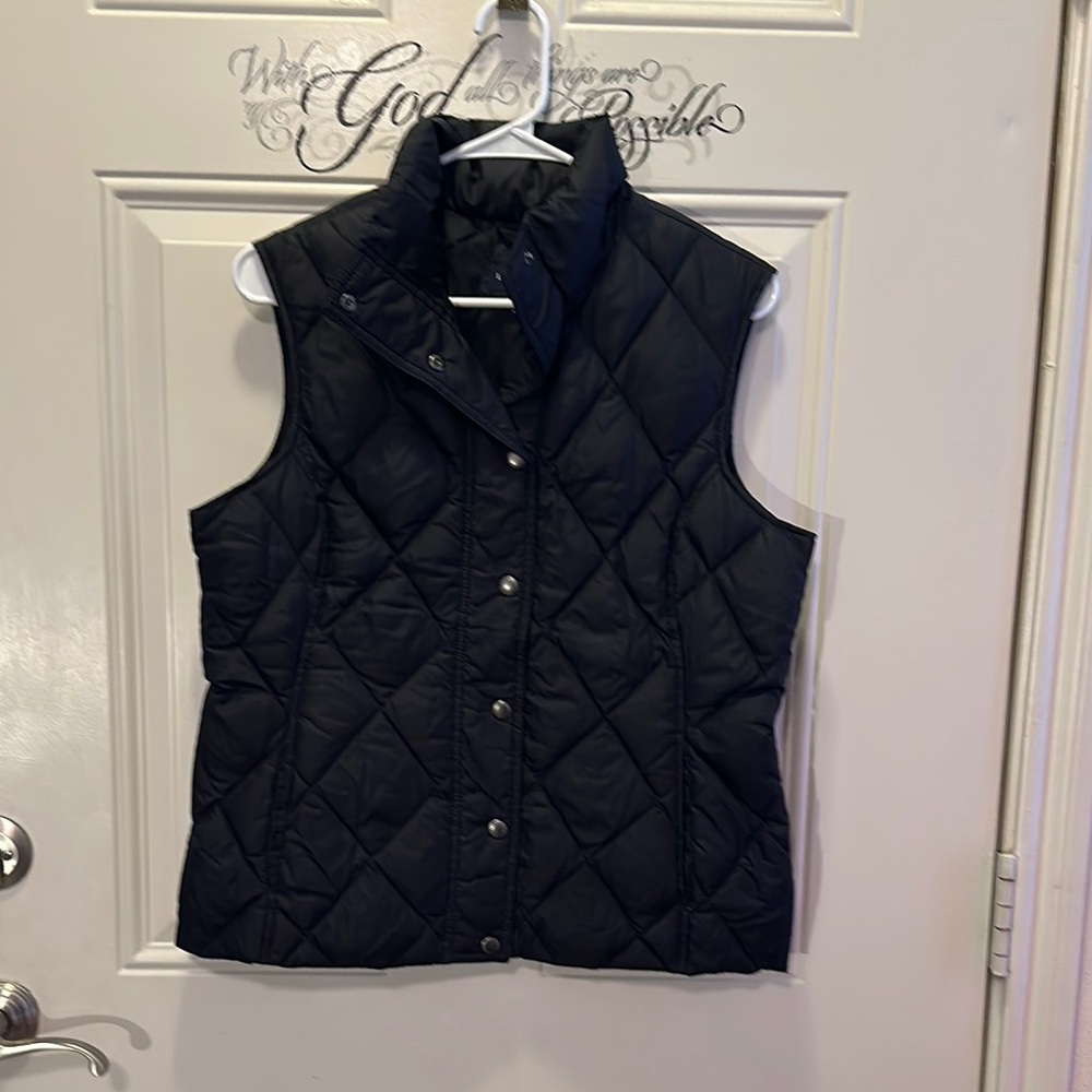 Lands End Down Puffer Vest Womens Size Small Black Snap Front Stand Up‎ Collar